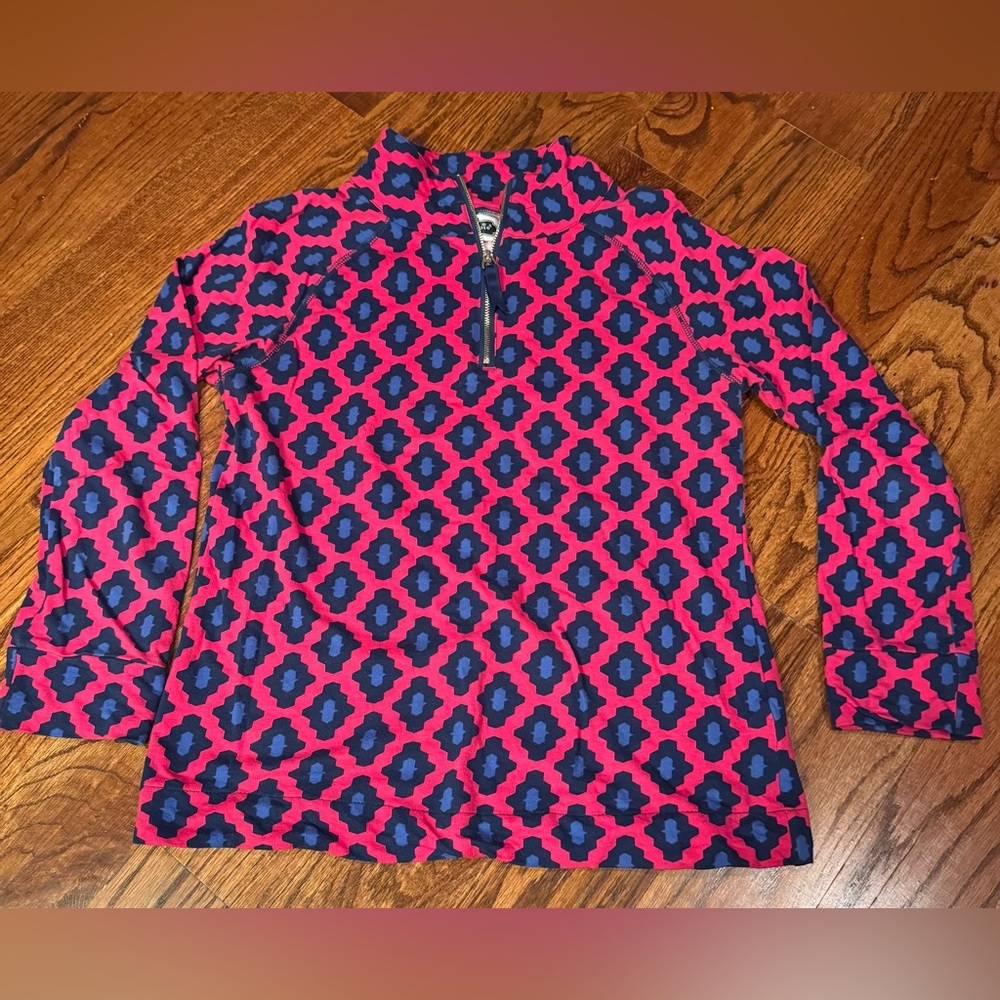 Mud Pie Pink and Navy Patterned Half-Zip Pullover - Size Small
